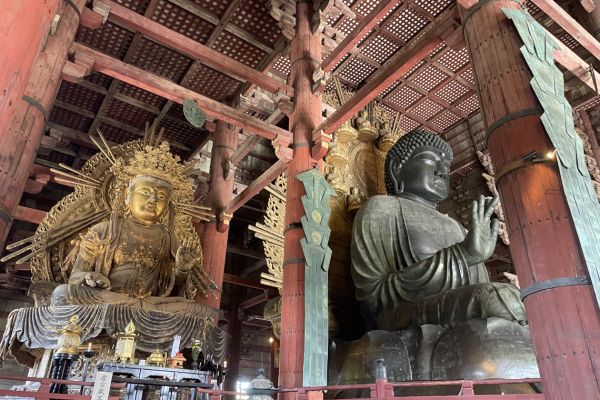 Giant Buddha seated on a lotus throne in Todai-ji in Nara